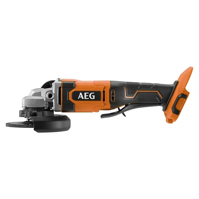 AEG Pro 18V Akku-Winkelschleifer BEWS 18-125X2-0 - 18 V, Ohne Akku, Durchmesser Scheibe: 125 mm - Orange-schwarzer AEG Winkelschleifer mit silbernem Metallgetriebekopf und Trennscheibe.