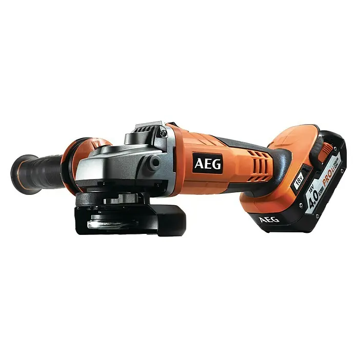 AEG Pro 18V Akku-Winkelschleifer BEWS 18-125X2-0 - 18 V, Ohne Akku, Durchmesser Scheibe: 125 mm - Akku-Winkelschleifer in Orange und Schwarz mit silbernem Kopf, ausgestattet mit einem 18V 4.0Ah Li-Ion Akku.