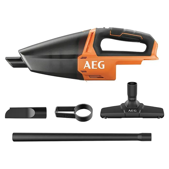 AEG Akku-Handstaubsauger BHSS18C-0 - Ohne Akku, Behältervolumen: 860 l - AEG Handstaubsauger in Schwarz und Orange, mit vier schwarzen Reinigungsaufsätzen.