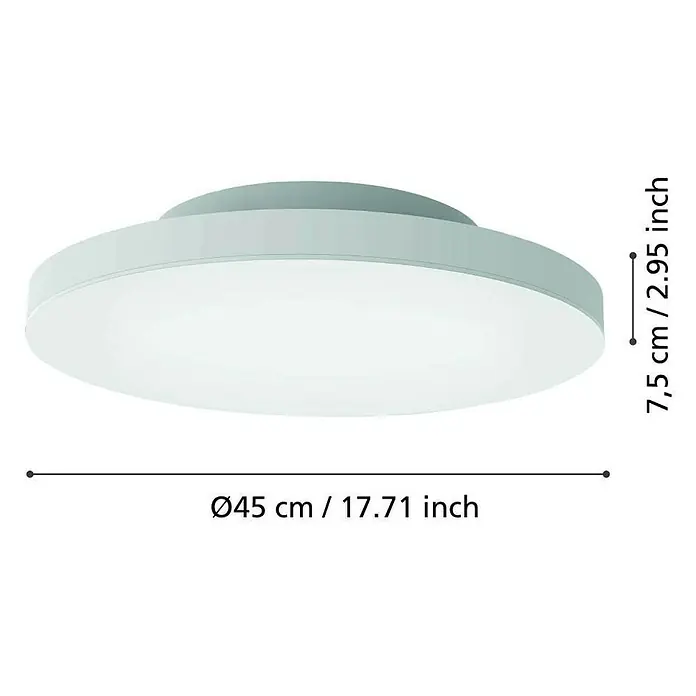 Eglo LED-Panel Turcona-Z - 22,4 W, L x B x H: 45 x 45 x 7,5 cm, Weiß, RGB - Nahaufnahme der runden Deckenleuchte mit Maßangaben zu Durchmesser und Höhe.