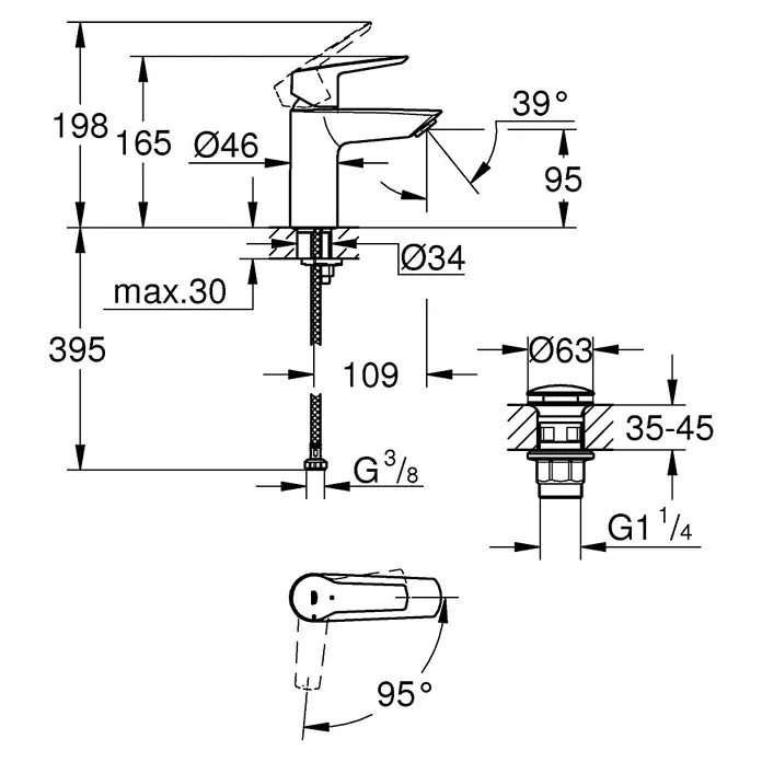 Grohe Start Waschtischarmatur S-Size - Ausladung Armatur: 109 mm, Matt, Schwarz - Abbildung der technischen Zeichnung eines Wasserhahns mit Bemaßungen für Installation und Design.