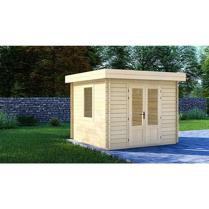Joda Gartenhaus Nordskar - Außenmaß inkl. Dachüberstand (B x T): 290 x 290 cm, Natur - Helles Holz Gartenhaus mit Flachdach. Der Schuppen hat Fenster und Doppeltüren. Ideal als Lagerraum oder Gartenbüro.