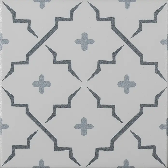 Modern Style Feinsteinzeugfliese Gregal - 15 x 15 cm, Blau/Weiß/Grau, Matt - Quadratische Fliese mit geometrischem Muster in Grau und Weiß, ideal für moderne Wohnräume und stilvolle Akzente.