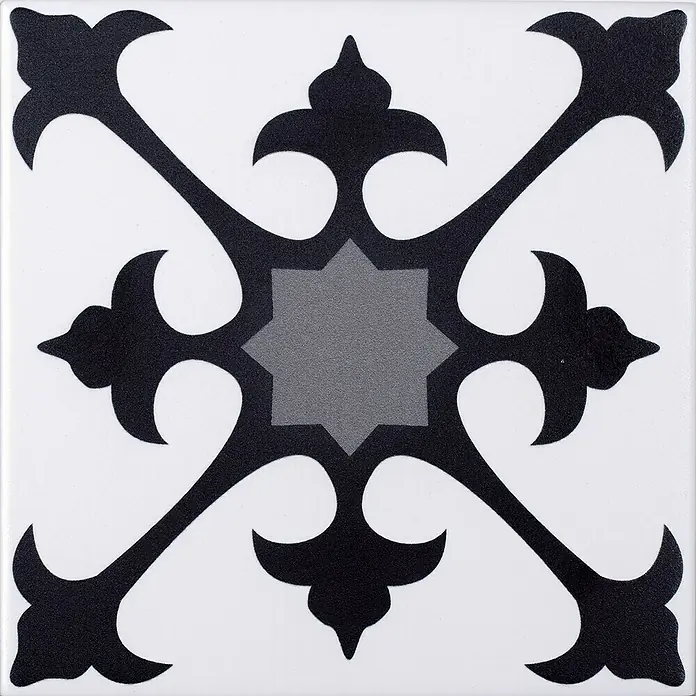 Modern Style Feinsteinzeugfliese Mistral - 15 x 15 cm, Schwarz/Grau, Matt - Dekorative Fliese mit einem schwarzen, floralen Muster und einem grauen Stern in der Mitte, ideal für stilvolle Wand- oder Bodengestaltung.