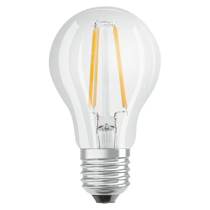 Osram Star LED-Lampen Set Glühlampenform E27 - E27, Nicht Dimmbar, Warmweiß, 806 lm, 7 W, 3 Stk., Klar - Nahaufnahme einer klaren LED-Glühbirne mit sichtbaren Filamenten und silbernem Sockel vor einem weißen Hintergrund.