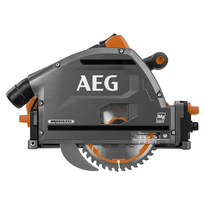 AEG Pro 18V Akku-Tauchsäge BKS 18PBL - 18 V, Ohne Akku, Durchmesser Sägeblatt: 165 mm, 0 U/min - 5.000 U/min - AEG Kreissäge in Grau und Orange mit sichtbarem Sägeblatt, bürstenlosem Motor und Magnesiumkonstruktion. Zeigt Tiefenskala.