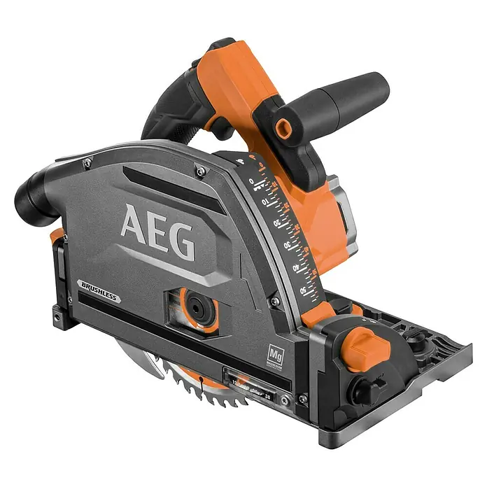 AEG Pro 18V Akku-Tauchsäge BKS 18PBL - 18 V, Ohne Akku, Durchmesser Sägeblatt: 165 mm, 0 U/min - 5.000 U/min - AEG bürstenlose Kreissäge mit orangefarbenem Griff, dunkelgrauem Magnesiumgehäuse und Messskala.