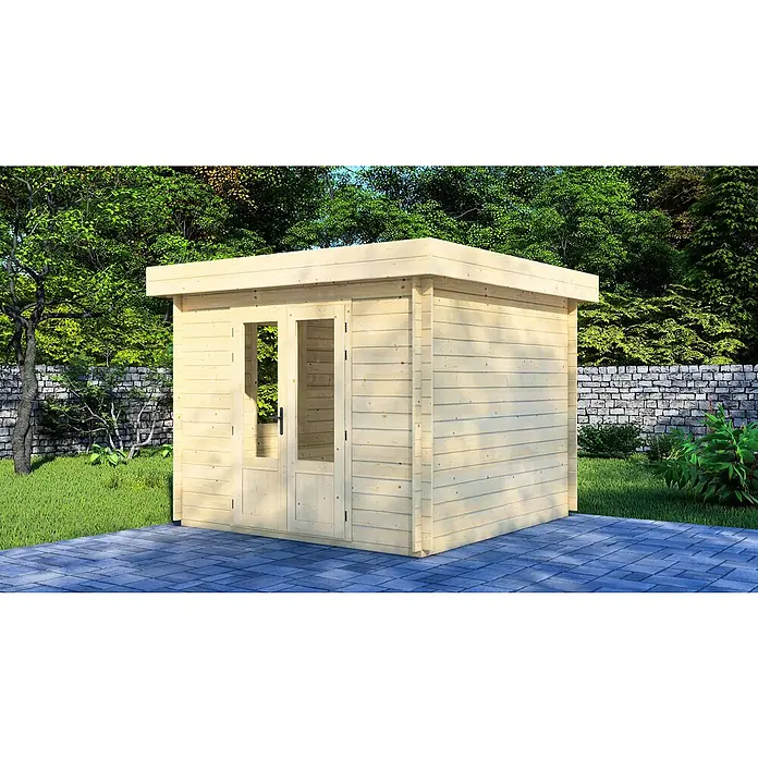 Joda Gartenhaus Nordskar - Außenmaß inkl. Dachüberstand (B x T): 290 x 290 cm, Natur - Helle Holzgartenlaube mit Flachdach und Doppeltür vor grüner Naturkulisse auf blauem Pflaster. Ideal für Entspannung im Garten.