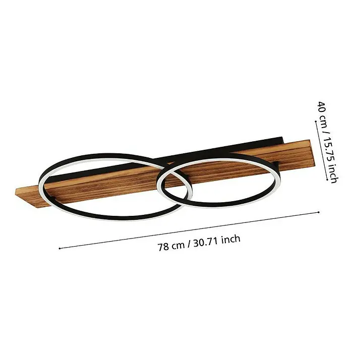Eglo Boyal LED-Deckenleuchte - 24 W, 78 x 40 x 9 cm, Schwarz/Holz rustikal, Warmweiß, Anzahl Leuchtmittel: 2 Stk. - Deckenleuchte mit zwei Ringen und Holzdetails. Stilvolle Beleuchtung für Ihr Zuhause mit modernen Akzenten und warmem Licht.