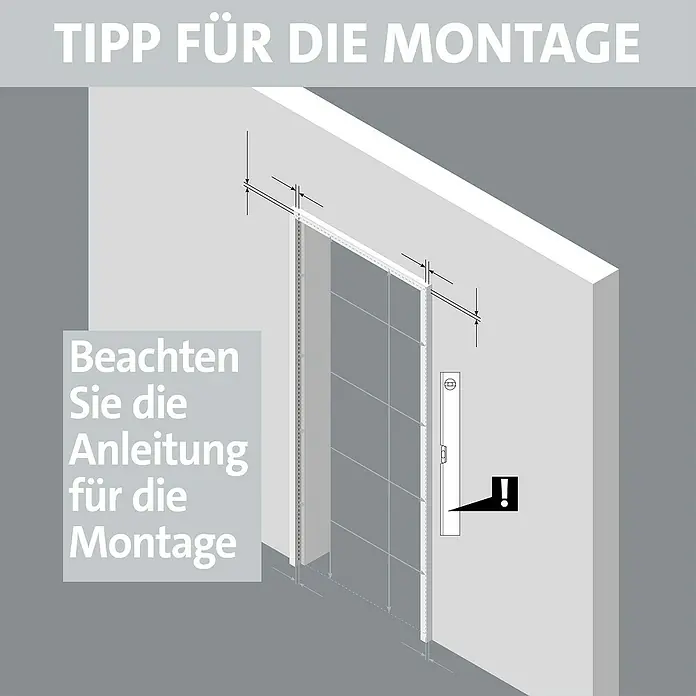Room Plaza Slimwork Drehtür-Komplettset Typ 8 - 959 x 1.972 mm, DIN Anschlag: Links, Klarglas - Montagediagramm für vertikale Wandprofile, zeigt Maße und Wasserwaage. Bitte Montageanleitung genau befolgen.
