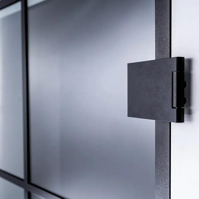Room Plaza Slimwork Drehtür-Komplettset Typ 8 - 959 x 1.972 mm, DIN Anschlag: Links, Klarglas - Texturiertes, mattes schwarzes Türscharnier und Rahmendetail für eine Glastür.