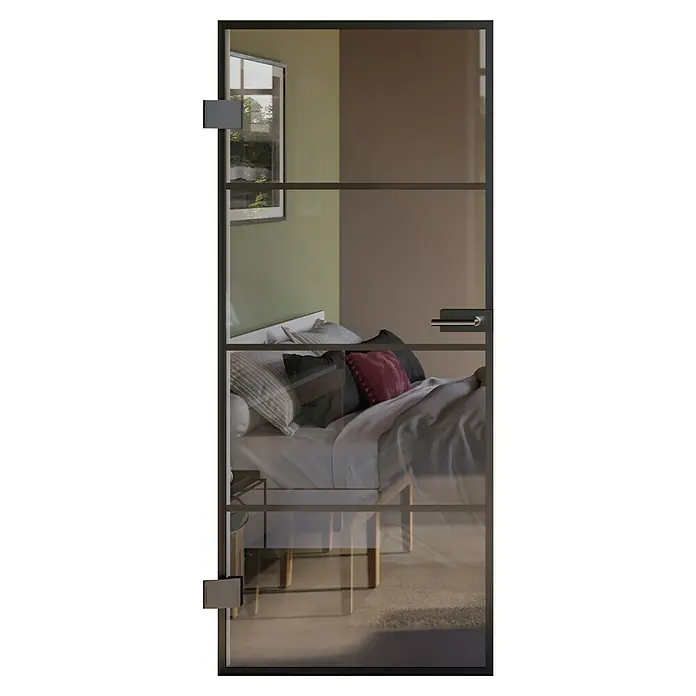 Room Plaza Slimwork Drehtür-Komplettset Typ 9 - 959 x 2.097 mm, DIN Anschlag: Links, Klarglas - Dunkel gerahmte Glastür mit mehreren klaren Scheiben und Griff, bietet Blick in ein Schlafzimmer.