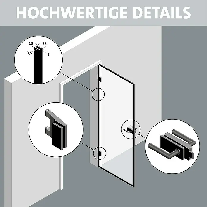 Room Plaza Slimwork Drehtür-Komplettset - 834 x 1.972 mm, DIN Anschlag: Rechts, Klarglas - Glastür mit schwarzem Rahmen, mit Detailansichten des schlanken Profils, der Scharniere und des eleganten Griffs.