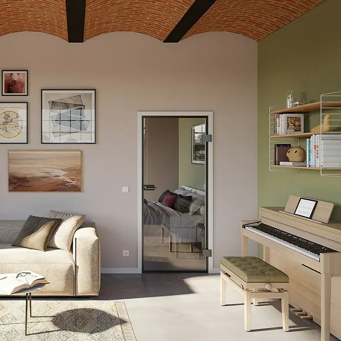 Room Plaza Slimwork Drehtür-Komplettset - 834 x 1.972 mm, DIN Anschlag: Rechts, Klarglas - Klare Innenglastür mit dunklem Rahmen, trennt Wohn- und Schlafbereich, reflektiert den Raum dahinter.
