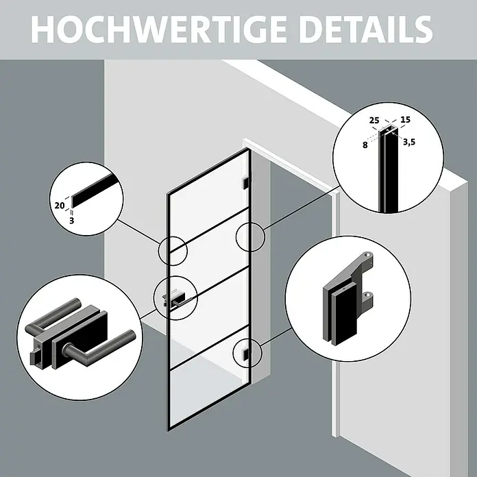 Room Plaza Slimwork Drehtür-Komplettset Typ 9 - 959 x 2.097 mm, DIN Anschlag: Links, Klarglas - Glastür mit schwarzem Rahmen, mit detaillierten Profilen, Scharnieren und Griff.