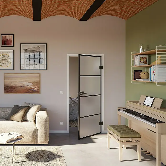Room Plaza Slimwork Drehtür-Komplettset Typ 9 - 959 x 1.972 mm, DIN Anschlag: Rechts, Satiniertes Glas - Helles Digitalpiano aus Holz mit schwarzem Tastenfeld und passender Bank im Wohnzimmer.