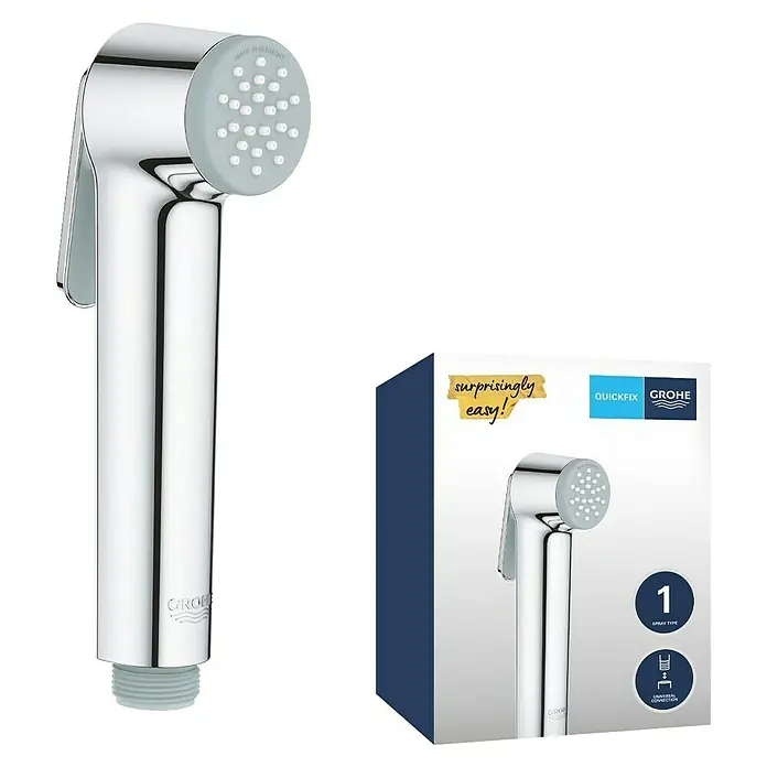 Grohe Handbrause Vitalio Trigger Spray - Kunststoff, Chrom, Verchromt - Verchromte Bidet-Handbrause mit grauer Sprühplatte und seitlichem Hebel.