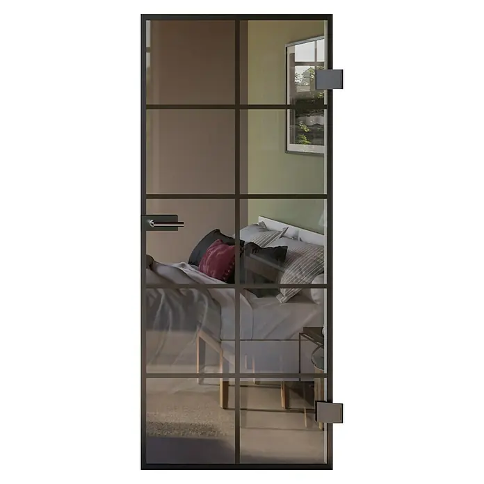 Room Plaza Slimwork Drehtür-Komplettset Typ 8 - 959 x 1.972 mm, DIN Anschlag: Rechts, Klarglas - Dunkel gerahmte Glastür als Innentür, die ein Schlafzimmer abtrennt. Mit modernem Griff und mehreren Scheiben.