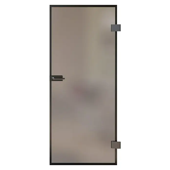 Room Plaza Slimwork Drehtür-Komplettset - 709 x 2.097 mm, DIN Anschlag: Rechts, Satiniertes Glas - Milchglas-Tür mit dunklem Rahmen, Griff und Scharnieren.