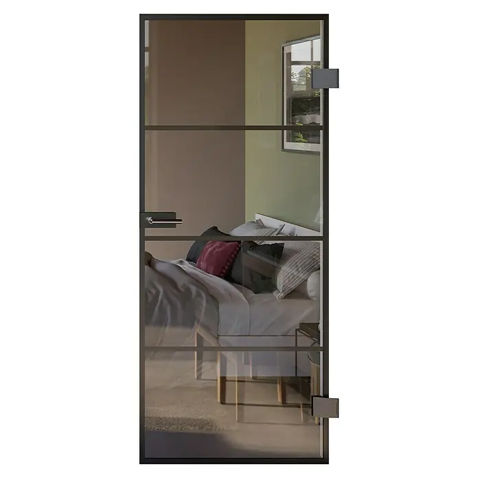 Room Plaza Slimwork Drehtür-Komplettset Typ 9 - 834 x 1.972 mm, DIN Anschlag: Rechts, Klarglas - Schwarz gerahmte Glastür mit Griff, die einen transparenten Blick in ein Schlafzimmer ermöglicht.