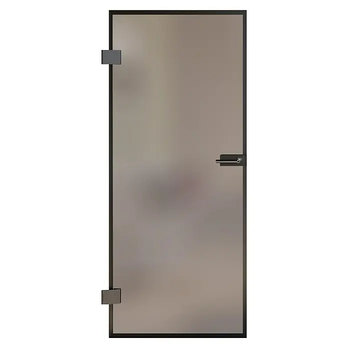 Room Plaza Slimwork Drehtür-Komplettset - 834 x 2.097 mm, DIN Anschlag: Links, Satiniertes Glas - Milchglastür mit dunklem Rahmen, Scharnieren und silbernem Hebelgriff mit Schloss.
