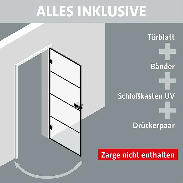 Room Plaza Slimwork Drehtür-Komplettset Typ 9 - 959 x 1.972 mm, DIN Anschlag: Rechts, Satiniertes Glas - Klar Glas Tür mit schwarzem Rahmen, Griff und Bändern, teilweise geöffnet. Türblatt, Bänder, Schloss und Drücker enthalten. Zarge nicht enthalten.