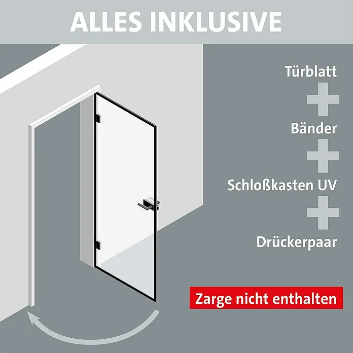 Room Plaza Slimwork Drehtür-Komplettset - 834 x 1.972 mm, DIN Anschlag: Rechts, Klarglas - Glastür-Komplettset: Türblatt, Bänder, Schlosskasten und Drückerpaar. Zarge nicht enthalten. Zeigt Öffnungswinkel.