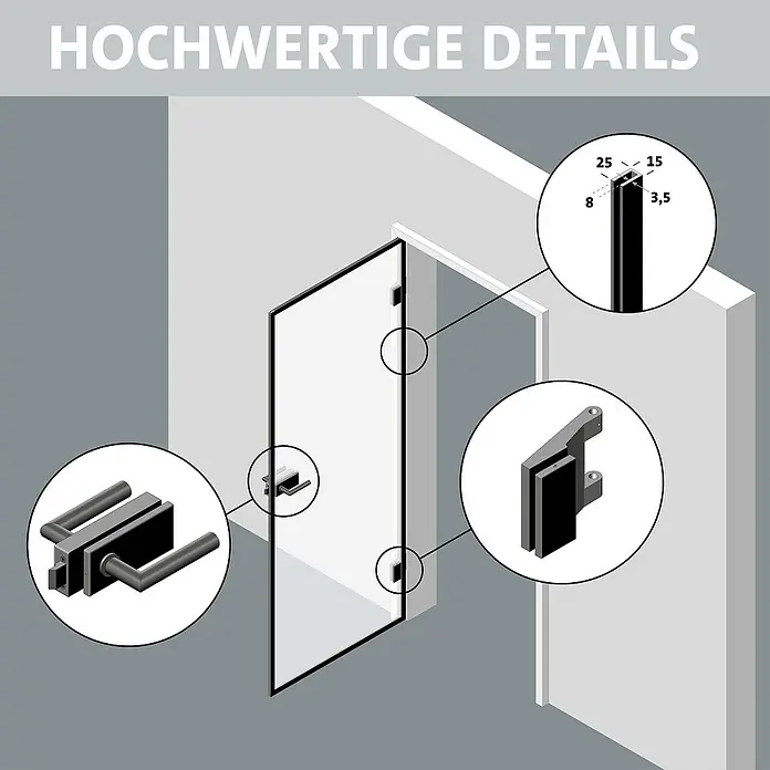 Room Plaza Slimwork Drehtür-Komplettset - 709 x 2.097 mm, DIN Anschlag: Links, Klarglas - Glastür mit schwarzen Rahmen, detaillierte Ansichten von Griff, Scharnieren und Rahmenprofilmaßen.
