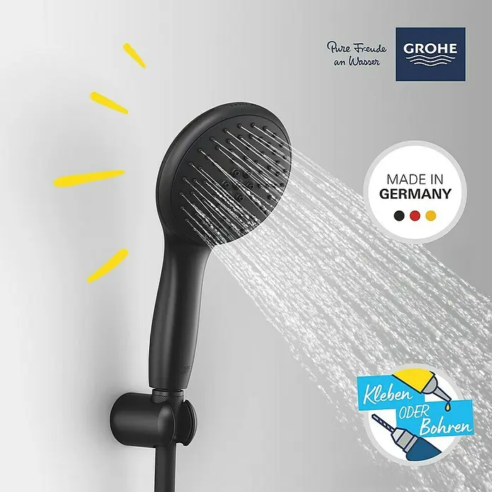 Grohe QuickFix Vitalio Start Brausegarnitur 110 2 - Art Strahl: Rain, Jet, Schwarz, Kunststoff, Matt - Schwarzer Grohe Duschkopf spritzt Wasser, mit 'Made in Germany' und 'Kleben ODER Bohren' Installationsoptionen.