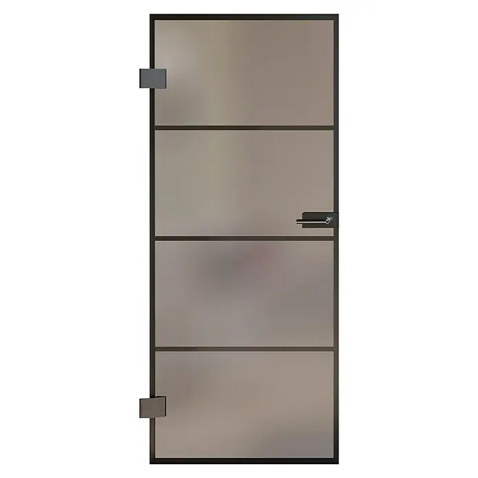 Room Plaza Slimwork Drehtür-Komplettset Typ 9 - 834 x 1.972 mm, DIN Anschlag: Links, Satiniertes Glas - Moderne Milchglastür mit dunklen Rahmen und einem silbernen Griff.