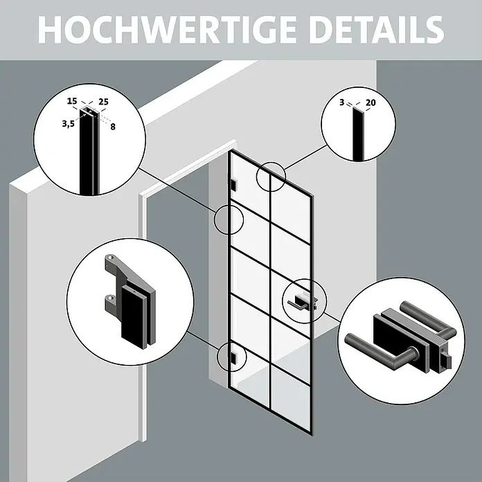 Room Plaza Slimwork Drehtür-Komplettset Typ 8 - 959 x 1.972 mm, DIN Anschlag: Rechts, Klarglas - Schwarze Glasduschwand mit Detailansichten von Rahmenprofilen (15x25mm), Glasstärke (3.5mm, 8mm), Scharnier und Griff.