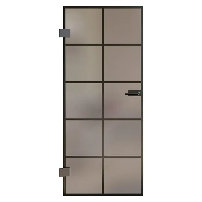 Room Plaza Slimwork Drehtür-Komplettset Typ 8 - 959 x 2.097 mm, DIN Anschlag: Links, Satiniertes Glas - Moderne Industrietür aus Milchglas mit dunklem Metallrahmen, Hebelgriff und zwei Scharnieren.