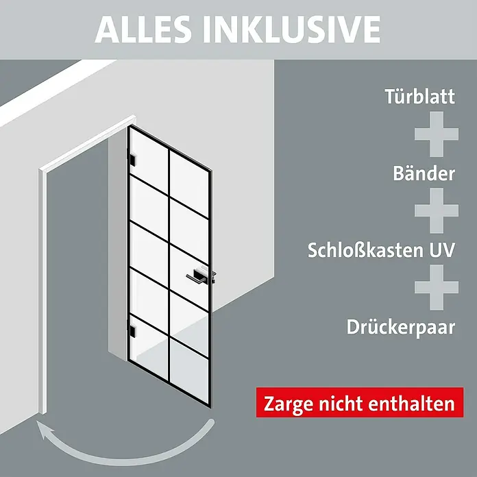Room Plaza Slimwork Drehtür-Komplettset Typ 8 - 959 x 1.972 mm, DIN Anschlag: Rechts, Klarglas - Glastür-Set: schwarz gerahmtes Türblatt, Bänder, Schlosskasten und Drückerpaar. Zarge nicht enthalten.