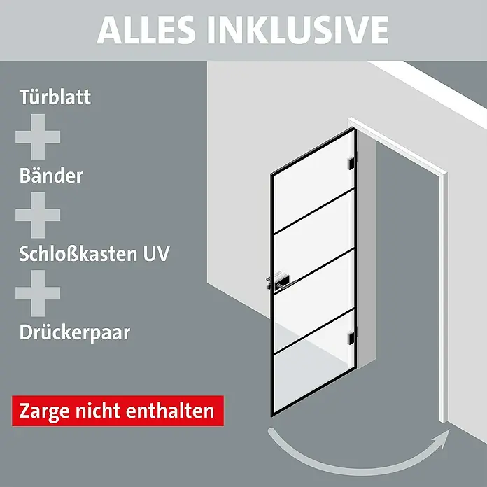 Room Plaza Slimwork Drehtür-Komplettset Typ 9 - 959 x 2.097 mm, DIN Anschlag: Links, Klarglas - Ganzglastürblatt, Bänder, UV-Schlosskasten, Drückerpaar inklusive; Zarge nicht enthalten.