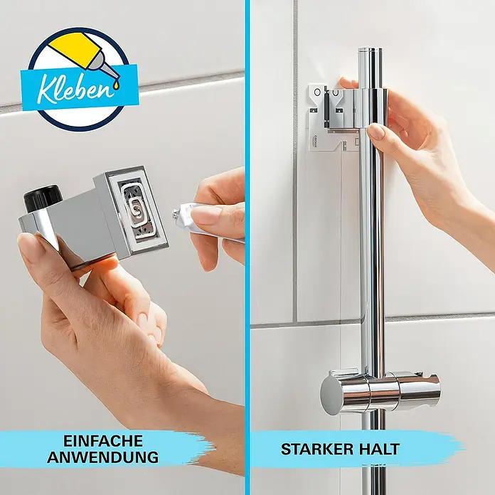 Grohe Vitalio Start Brausegarnitur 110 1 - Lochabstand: 47 cm - 62 cm, Chrom, Kunststoff - Klebemontage einer Duschstange mit starkem Halt. Die einfache Anwendung ohne Bohren wird hervorgehoben.