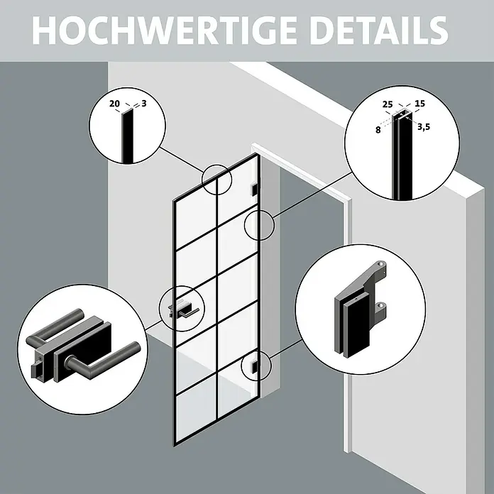 Room Plaza Slimwork Drehtür-Komplettset Typ 8 - 959 x 1.972 mm, DIN Anschlag: Links, Klarglas - Schwarz gerahmte Glas-Duschtür mit hervorgehobenen Details: schlanke Profile, Griff und Scharniere mit Maßen.