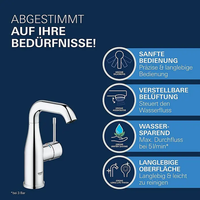 Grohe Essence Waschtischarmatur M-Size - Chrom, Glänzend - Abgestimmt auf Ihre Bedürfnisse: Die GROHE Armatur bietet sanfte Bedienung, einstellbare Belüftung und Wassersparen für langlebigen Komfort.