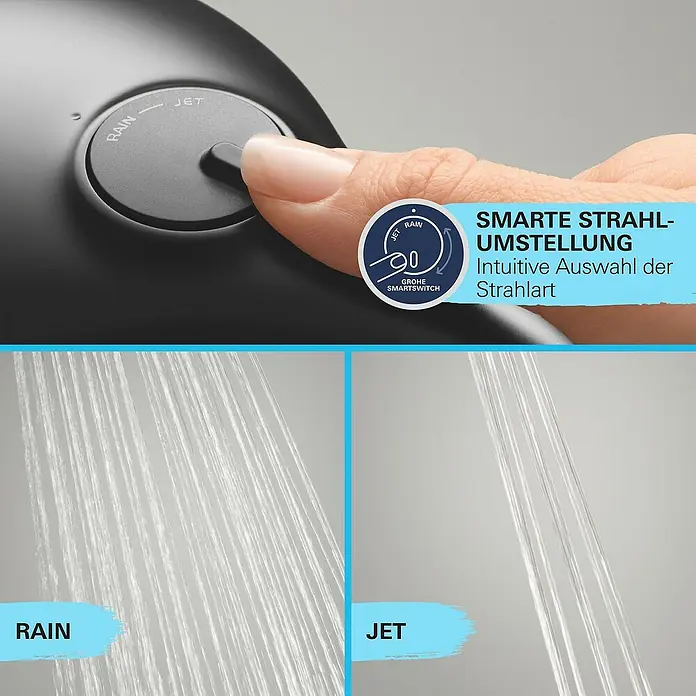 Grohe Vitalio Start Duschsystem 250 - Höhe: 101,6 cm, Anzahl Strahlarten: 2 Stk., Schwarz - Das Bild zeigt eine Grohe Duschbrause mit SmartSwitch-Technologie, die einen einfachen Wechsel zwischen Rain- und Jet-Strahl ermöglicht.