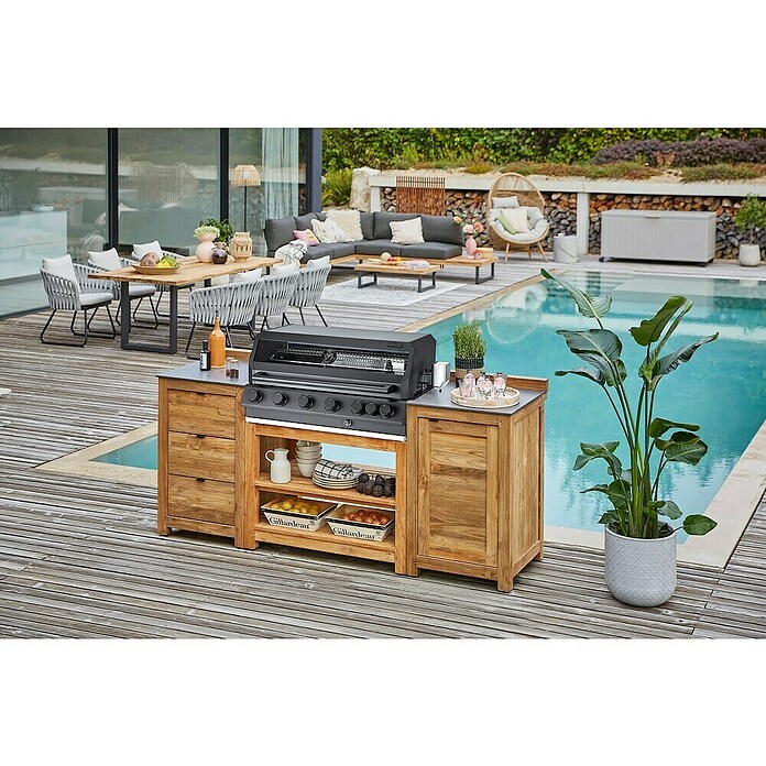 Kingstone Outdoorküche Cliff 6005/Zoe (4 -tlg., Teakholz/Stahl/Keramik, Schwarz/Braun, Material Grillfläche: Gusseisen, Anzahl Brenner: 6) | BAUHAUS