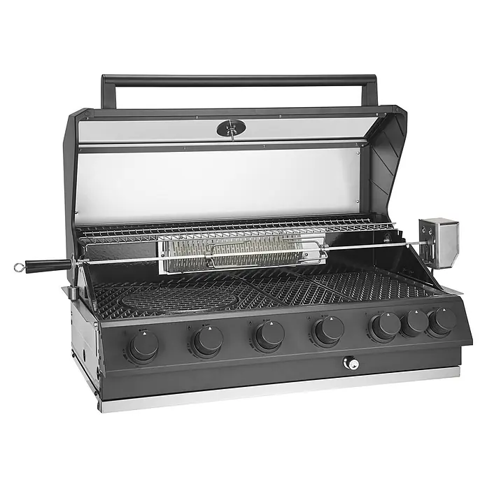 Kingstone Barbacoa de gas Cliff 6005-2 IR Black - Superficie de la parrilla (An x Pr): 90,5 x 45 cm, 24,2 kW, Número de quemadores: 6 - Imagen de una parrilla de gas con la tapa abierta, mostrando su construcción de acero inoxidable y función de asador.