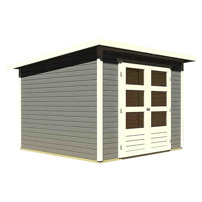 Karibu Gartenhaus Stockach 4 - Außenmaß inkl. Dachüberstand (B x T): 282 x 282 cm, Holz, Terragrau - Schuppen mit Doppeltür und Fenster in grau-weiß, ideal für Gartenutensilien und Werkzeuge. Praktische Aufbewahrung für den Außenbereich.