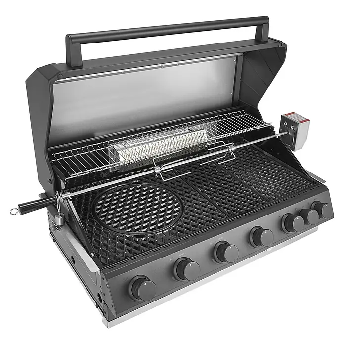 Kingstone Barbacoa de gas Cliff 6005-2 IR Black - Superficie de la parrilla (An x Pr): 90,5 x 45 cm, 24,2 kW, Número de quemadores: 6 - Una parrilla con tapa abierta, rejilla y accesorio para asador. Incluye varios mandos para ajustar la temperatura.