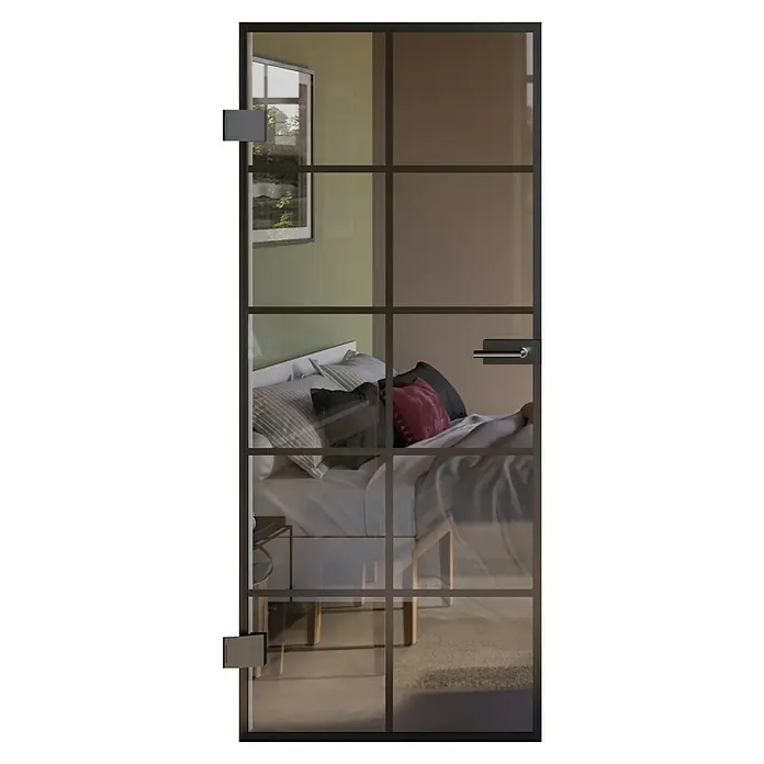 Room Plaza Slimwork Drehtür-Komplettset Typ 8 - 959 x 1.972 mm, DIN Anschlag: Links, Klarglas - Glastür mit dunklem Rahmen als Raumteiler, die ein modernes Schlafzimmer offenbart.
