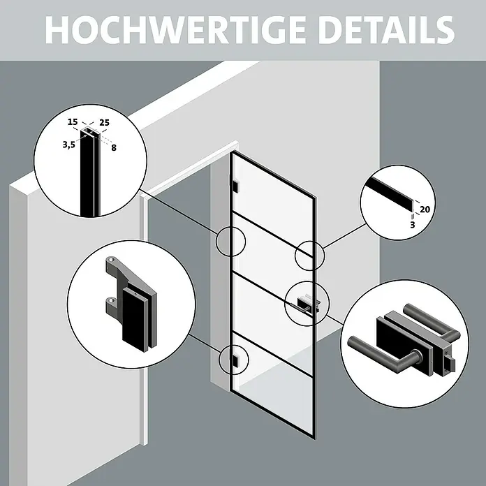 Room Plaza Slimwork Drehtür-Komplettset Typ 9 - 959 x 1.972 mm, DIN Anschlag: Rechts, Satiniertes Glas - Glastür mit schwarzen Rahmen und detaillierten Ansichten der Komponenten, einschließlich Scharniere, Griff und Profildimensionen.