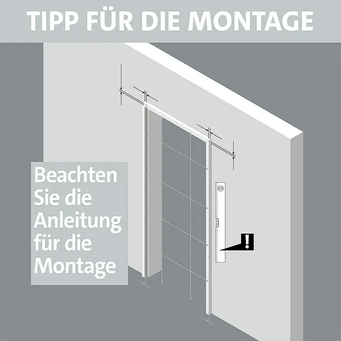 Room Plaza Slimwork Drehtür-Komplettset - 709 x 2.097 mm, DIN Anschlag: Links, Klarglas - Montagetipps für ein Wandsystem, mit Maßen und der Verwendung einer Wasserwaage. Betonung auf das Befolgen der Anleitung.