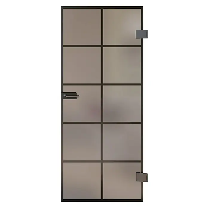 Room Plaza Slimwork Drehtür-Komplettset Typ 8 - 834 x 1.972 mm, DIN Anschlag: Rechts, Satiniertes Glas - Mattglastür mit schwarzem Gitterrahmen, modernem Griff und Scharnieren.
