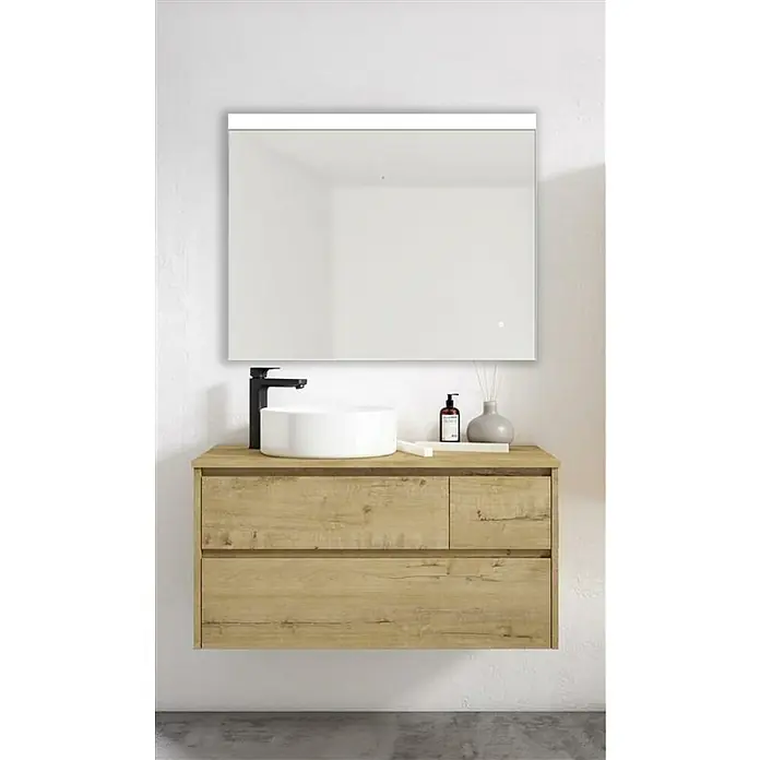 Camargue Espejo con luz Cies - 100 x 80 cm - Baño moderno con mueble de lavabo de aspecto madera, lavabo sobre encimera, grifo negro y espejo iluminado. Diseño elegante para su baño.