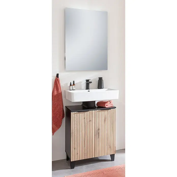 Riva Mueble de lavabo Rigato - 58,5 x 32,9 x 68 cm, Roble/Negro, Estructurado - Lavabo de baño moderno con mueble de madera de diseño minimalista, incluyendo grifo y espejo.