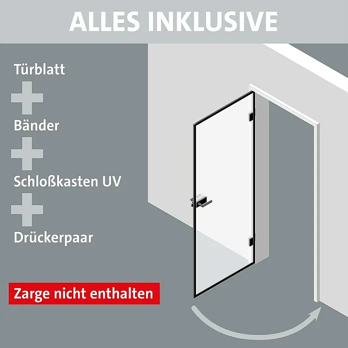 Room Plaza Slimwork Drehtür-Komplettset - 709 x 2.097 mm, DIN Anschlag: Links, Klarglas - Glastür mit schwarzem Beschlag. Inklusive Türblatt, Bänder, Schlosskasten und Drückerpaar. Zarge nicht enthalten.