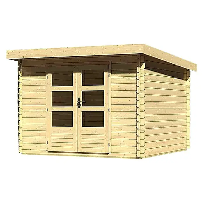 Karibu Gartenhaus Bastrup 5 - Außenmaß inkl. Dachüberstand (B x T): 315 x 333 cm, Holz, Natur - Abbildung eines hellen Holzgartenhauses mit Doppeltüren und einem Flachdach, ideal für die Aufbewahrung von Gartengeräten und mehr.